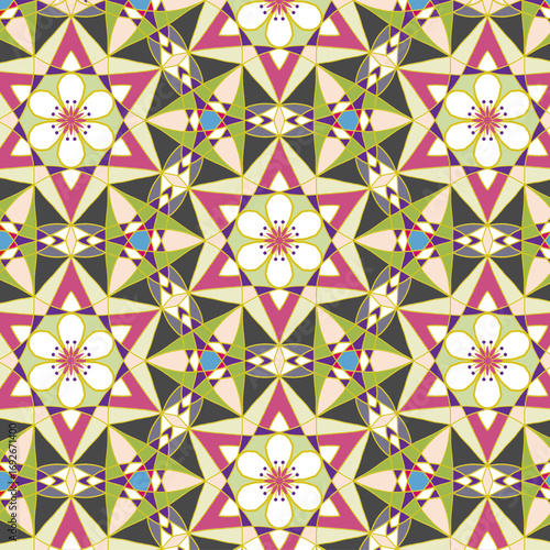 Seamless geometric pattern with Floral flowers star shapes black coal pink