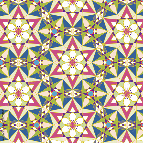 Seamless geometric pattern with Floral flowers star shapes blue pink