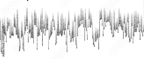This image displays a digital abstract design with square dots descending from top to bottom in a pattern reminiscent of a sound wave against a stark white background