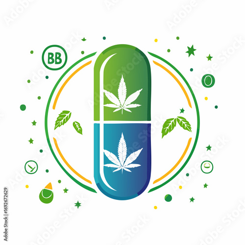Cannabis capsule illustration for medication concept with plant leaves and stars