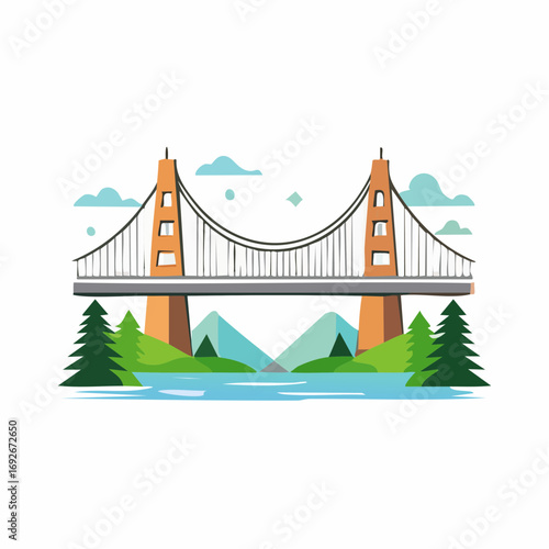 Suspension Bridge Illustration above Water with Mountains and Evergreen Trees