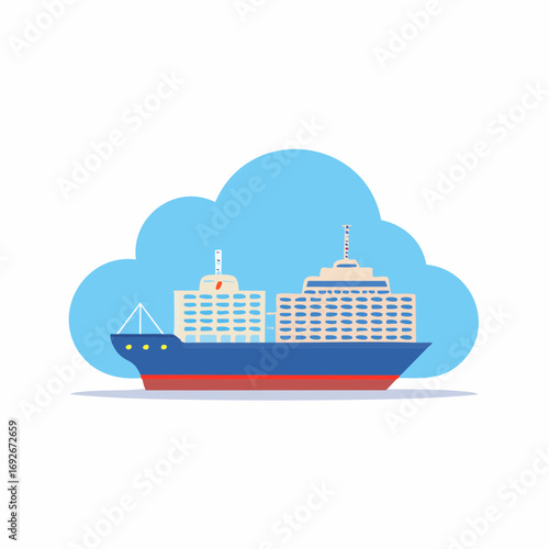 Colorful cargo ship sailing on the sea with a cloud in the background, vector illustration
