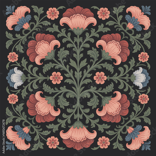 Richly detailed ornate floral design with symmetrical vintage flowers and leaves in red blue pink and green hues on a dark background perfect for textiles wallpaper and elegant decor patterns