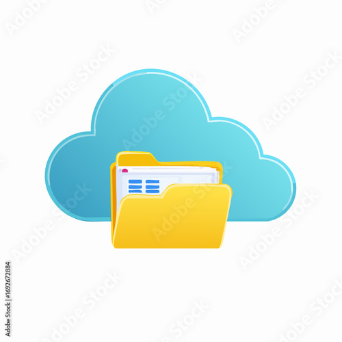 Digital Cloud Storage Folder with Documents and Blue Sky Icon