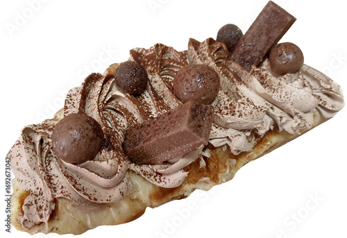 A decadent waffle pastry topped with swirls of chocolate mousse, dusted cocoa powder, crunchy chocolate balls, and rich chocolate bars. A true treat for chocolate lovers