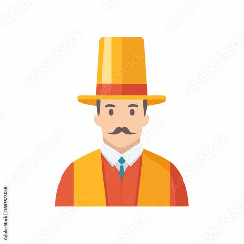 Cartoon Man with Moustache in Vest and Hat Icon Character Design