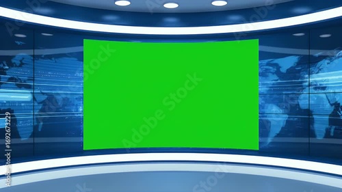 Modern Virtual Studio Set with Green Screen and World Map for Broadcast and News