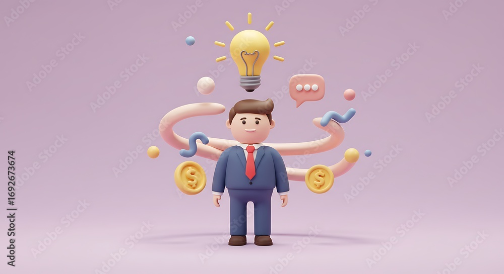 Obraz premium Cartoon Businessman Character with Lightbulb Symbolizing Innovation and Financial Growth Representing Business Ideas and Solutions for Success and Wealth on Pastel Background