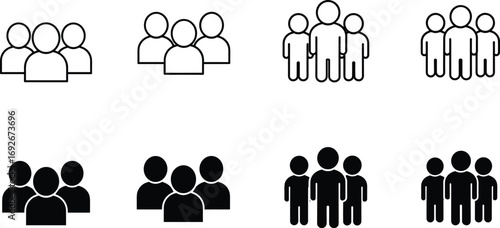 Set of black silhouette people icons, showcasing various group sizes and arrangements, ideal for social, teamwork, and community designs.