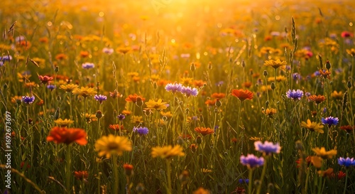 Flores de prado en la soleada soleada mañana fresca vintage paisaje de otoño fondo colorido hermoso flores de otoño mágico: ai generativo