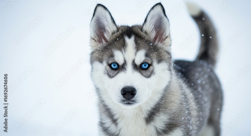 Obraz premium A close-up view of a captivating husky puppy, with striking blue eyes and a coat speckled with snowflakes, set against a snowy backdrop.