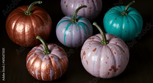Calabazas multicolor de diferentes colores sobre un fondo de concreto oscuro.