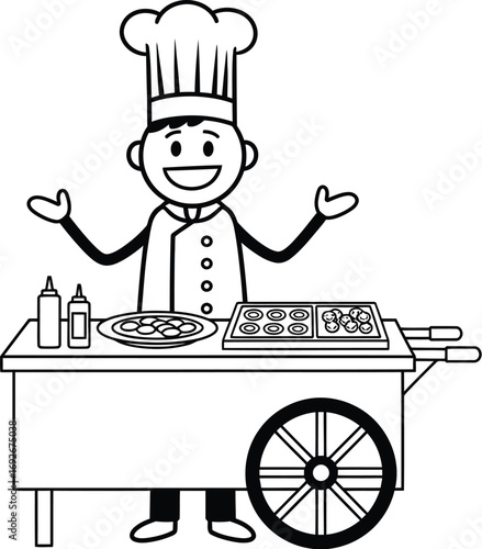 Cartoon street food vendor chef cooking food illustration art