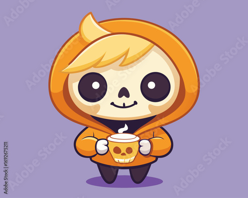 Cute skeleton character wearing an orange hoodie holding a coffee cup