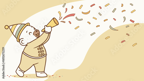 A cute cartoon character in a party hat blowing a horn with confetti, great for websites or blogs about celebration, holidays, birthdays, or fun events.

