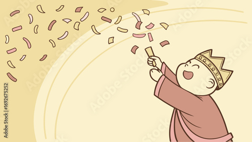 This cheerful cartoon illustration of a character in a crown and confetti is perfect for websites or blogs celebrating a special occasion, an announcement, or a children's event.

