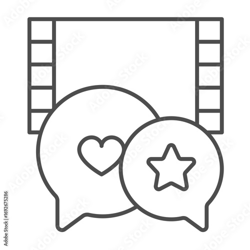 Movie positive review thin line icon, positive review concept. Vector graphics. Film popup bubbles with star and heart shape sign on white background, outline style icon for mobile or web design.