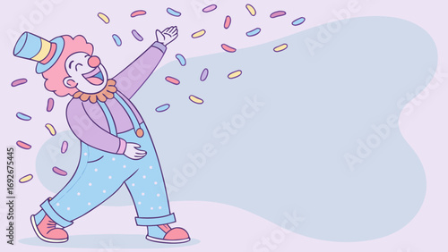 joyous cartoon clown throwing confetti with ample copy space, perfect for party invitations, event promotions, circus-themed blogs, and children's entertainment websites.