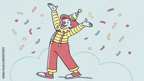 A smiling clown throws colorful confetti in the air. This image is suitable for websites and blogs related to children's parties, entertainment, celebrations, or events. The style is flat illustration