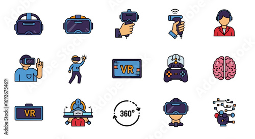 Colorful Vector Icons Depicting Virtual Reality Headsets and Related Technology.