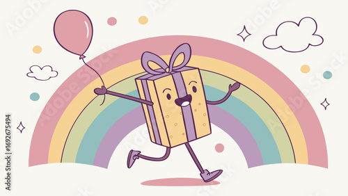 whimsical cartoon gift box running with a balloon under a pastel rainbow, ideal for birthday invitations, celebratory blogs, children's party themes, and joyful announcements.