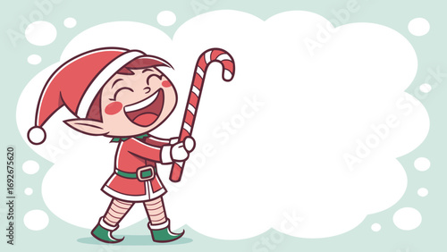 A cheerful Christmas elf holding a candy cane with a blank speech bubble, great for websites or blogs for holiday greetings, announcements, promotions, or children's events.

