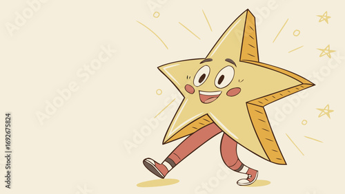 Whimsical cartoon illustration of a smiling yellow five-pointed star with legs and red shoes, happily walking, symbolizing success, quality, achievement, or childhood education.