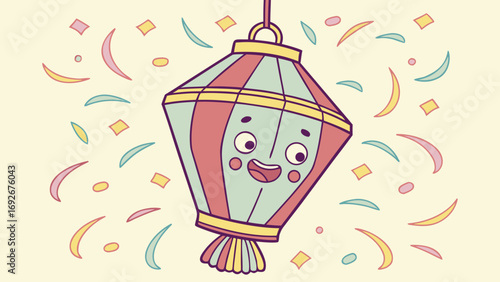 happy, cartoon-style paper lantern surrounded by colorful confetti, perfect for blogs on celebrations, party planning, cultural festivals, children's events, and joyous occasions