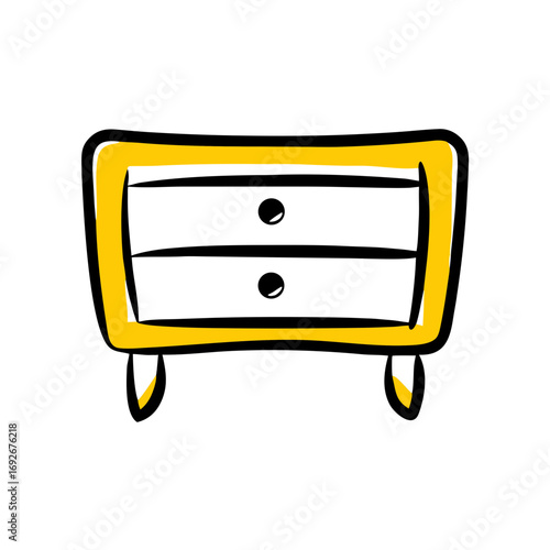 Hand-drawn style icon of a small chest of drawers or nightstand with two drawers and knobs, outlined in black with a bright yellow frame, symbolizing storage or bedroom furniture.