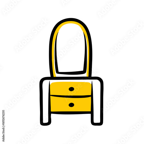 Hand-drawn style icon of a vanity or dressing table with an oval mirror and two yellow-accented drawers, symbolizing beauty, makeup, fashion, or bedroom furniture.