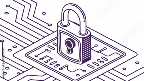 A locked padlock rests on a circuit board, symbolizing digital security.image  for websites or blogs about cybersecurity, data protection, privacy, or network security.minimalist flat graphic