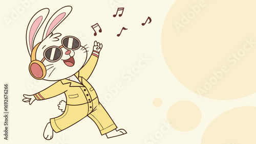 fun cartoon illustration of rabbit character dancing to music with headphones for websites and blogs related to music,entertainment, podcasts,sound,creative content for lively audience