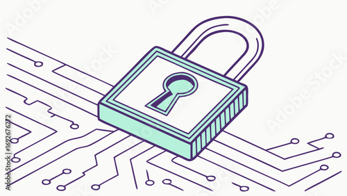 A locked padlock rests on a circuit board, symbolizing digital security.image  for websites or blogs about cybersecurity, data protection, privacy, or network security.minimalist flat graphic