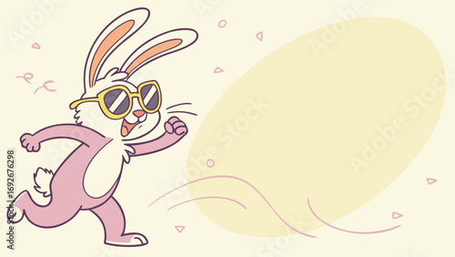 Cool cartoon pink rabbit in sunglasses running with an excited expression next to a large egg-shaped blank text box, ideal for Easter events, promotions, or springtime fun.