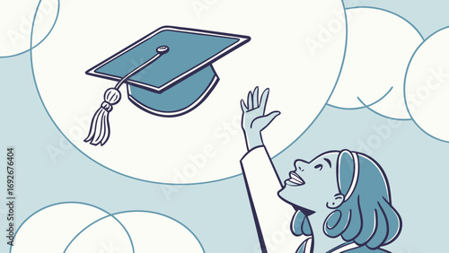 This vibrant illustration of a graduate throwing their cap is great for websites or blogs about education, graduation, or academic achievement. The style is flat illustration.

