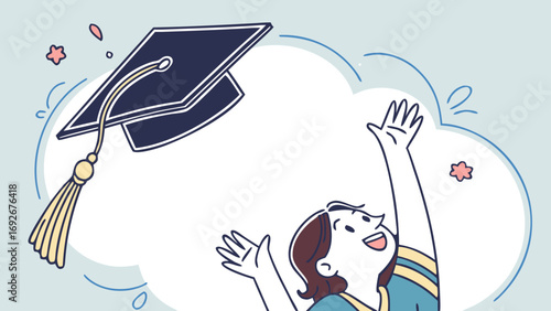 This vibrant illustration of a graduate throwing their cap is great for websites or blogs about education, graduation, or academic achievement. The style is flat illustration.

