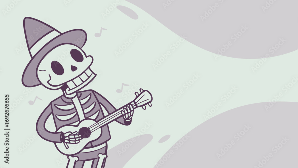 Naklejka premium This playful cartoon skeleton playing a ukulele is perfect for websites or blogs about Halloween, music, or holiday events. The style is a flat illustration.
