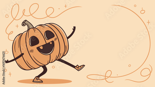 dancing pumpkin character with cheerful face for websites and blogs related to Halloween, autumn events,holiday promotions for children and families.flat illustration.