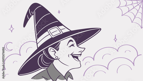 vintage cartoon illustration of woman in pointed witch's hat,laughing joyfully for websites or blogs for Halloween,costume parties,or fantasy events, conveying fun and celebratory mood.