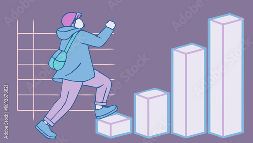 person with backpack climbs bar graph, representing growth for websites and blogs related to education,personal development, business success,financial growth.flat illustration