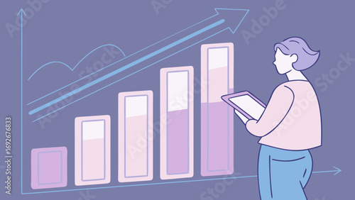 A person holding a tablet, analyzing a rising bar graph with an upward arrow, perfect for blogs on business growth, data analysis, marketing strategy, financial success, productivity, or presentations