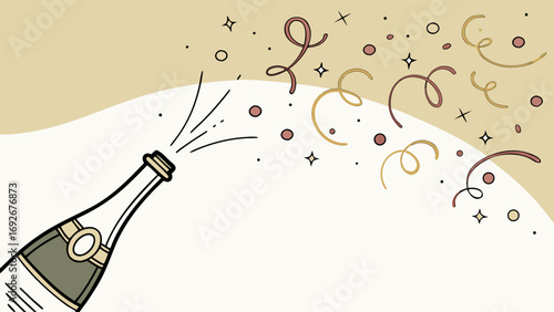 celebratory cartoon of champagne bottle popping with confetti and sparkles for websites or blogs about New Year's Eve,celebrations,events, or parties