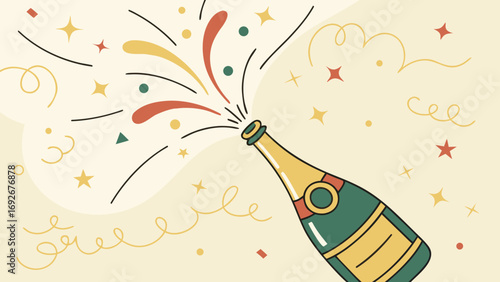 celebratory cartoon of champagne bottle popping with confetti and sparkles for websites or blogs about New Year's Eve,celebrations,events, or parties