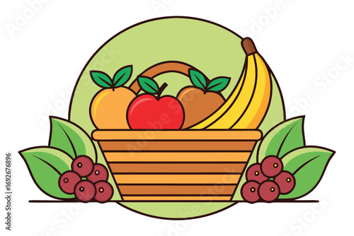 Basket overflowing with assorted fruits and berries on a green circle apple banana