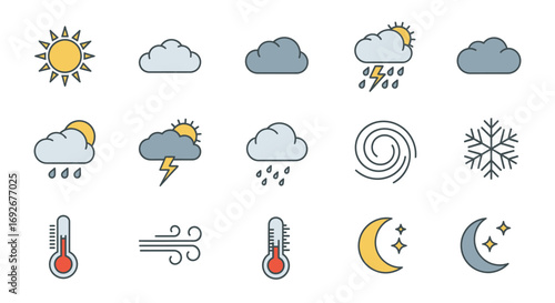 Set of Colorful Weather Icons with Simple Line Art Style.