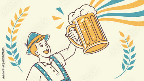 A stylized cartoon illustration of a man in traditional German attire, holding up a frothy stein of beer for blogs and websites promoting Oktoberfest, German culture, or local pubs