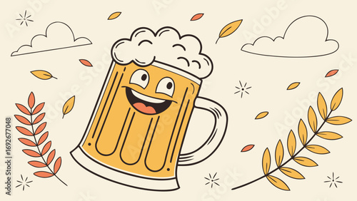 A smiling cartoon beer mug surrounded by autumn leaves and wheat stalks. This flat illustration is suitable for websites or blogs about Oktoberfest, fall festivals, or seasonal celebrations.

