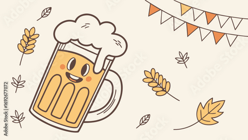 A smiling cartoon beer mug surrounded by autumn leaves and wheat stalks. This flat illustration is suitable for websites or blogs about Oktoberfest, fall festivals, or seasonal celebrations.

