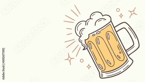 foamy mug of beer is shown with radiating lines, suggesting toast or celebration on websites, blogs,or menus for breweries,pubs,restaurants,or events like Oktoberfest.minimalist doodle