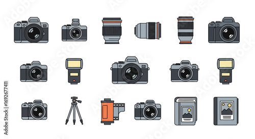 Collection of DSLR Cameras, Lenses, Flash, Tripod, and Film Accessories.